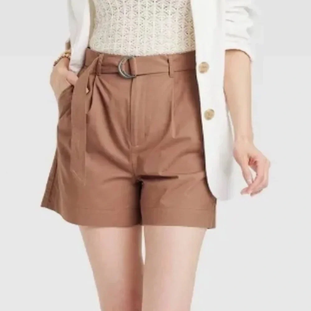 A New Day Tailored Shorts Womens 2 Brown Belted High-Rise Slash Pockets Zip Fly